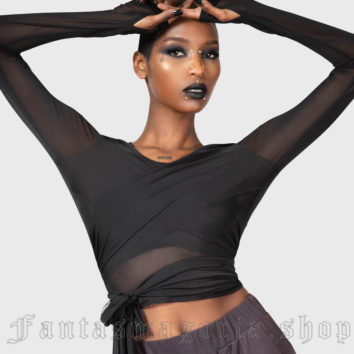 Women's Gothic black mesh long-sleeve wrap-up top. Killstar KSRA008110