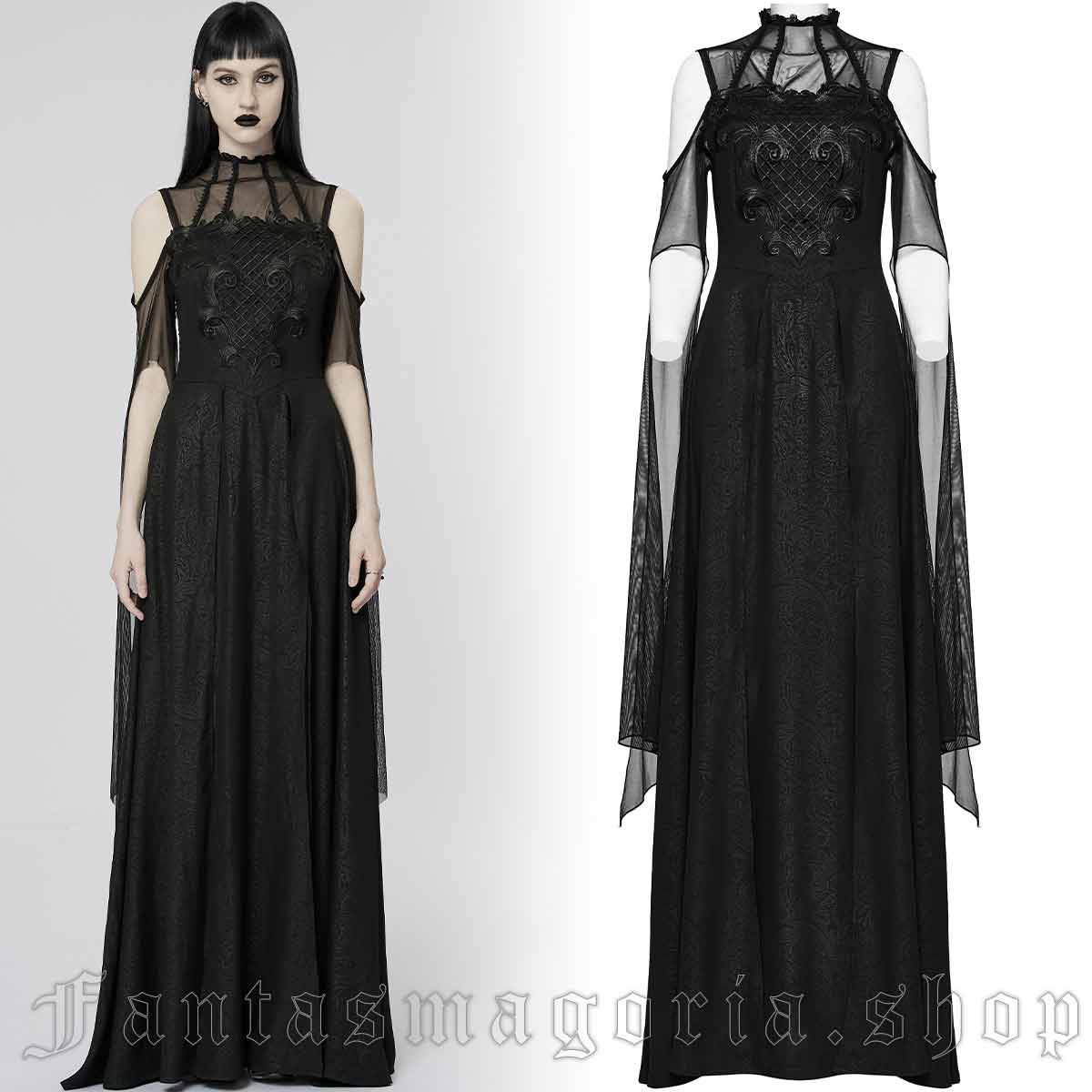 Women's Victorian Gothic black ornamental chiffon long-sleeve cold-shoulder maxi dress. - Punk Rave - WQ-617/BK