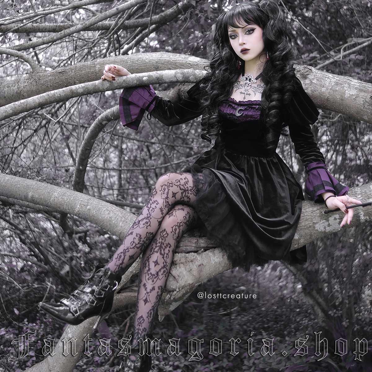 Women's Gothic black sheer ornamental embellishing tights. - Ballerina - BS121
