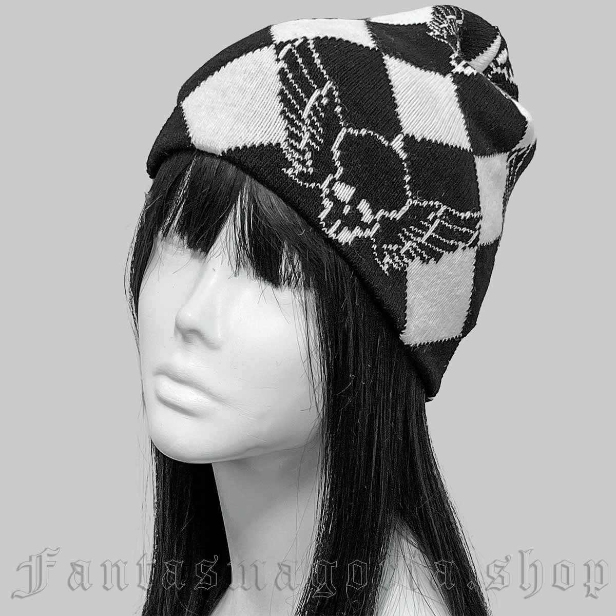 Punk black and white diamond winged skulls pattern knit beanie. - Alternative - AHB0009
