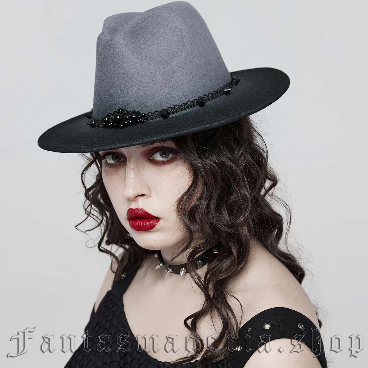 Women's Gothic gray gradient fedora style felt hat. - Punk Rave - DS-570/BK-GY