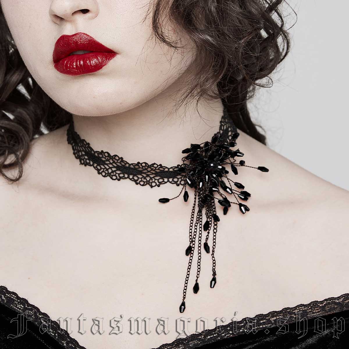 Women's Gothic black lace and beads choker necklace. - Punk Rave - DS-572/BK