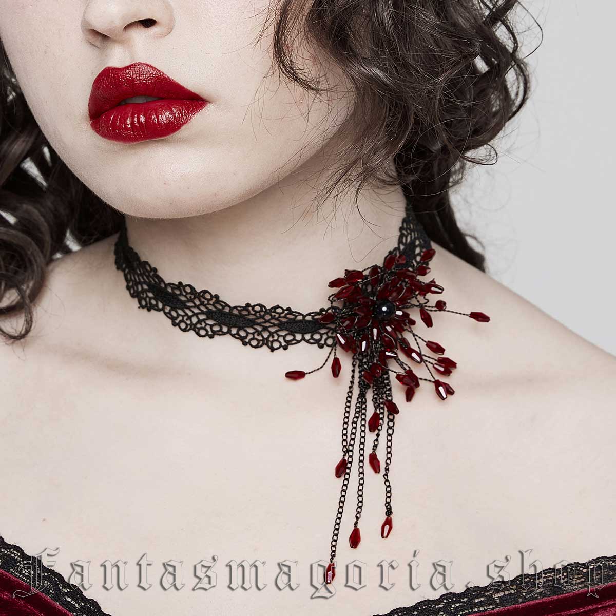 Women's Gothic black lace and red beads choker necklace. - Punk Rave - DS-572/BK-RD