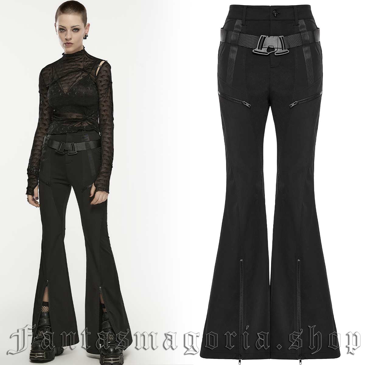 Women's Gothic black techwear detail flared-leg trousers. - Punk Rave - OPK-514/BK