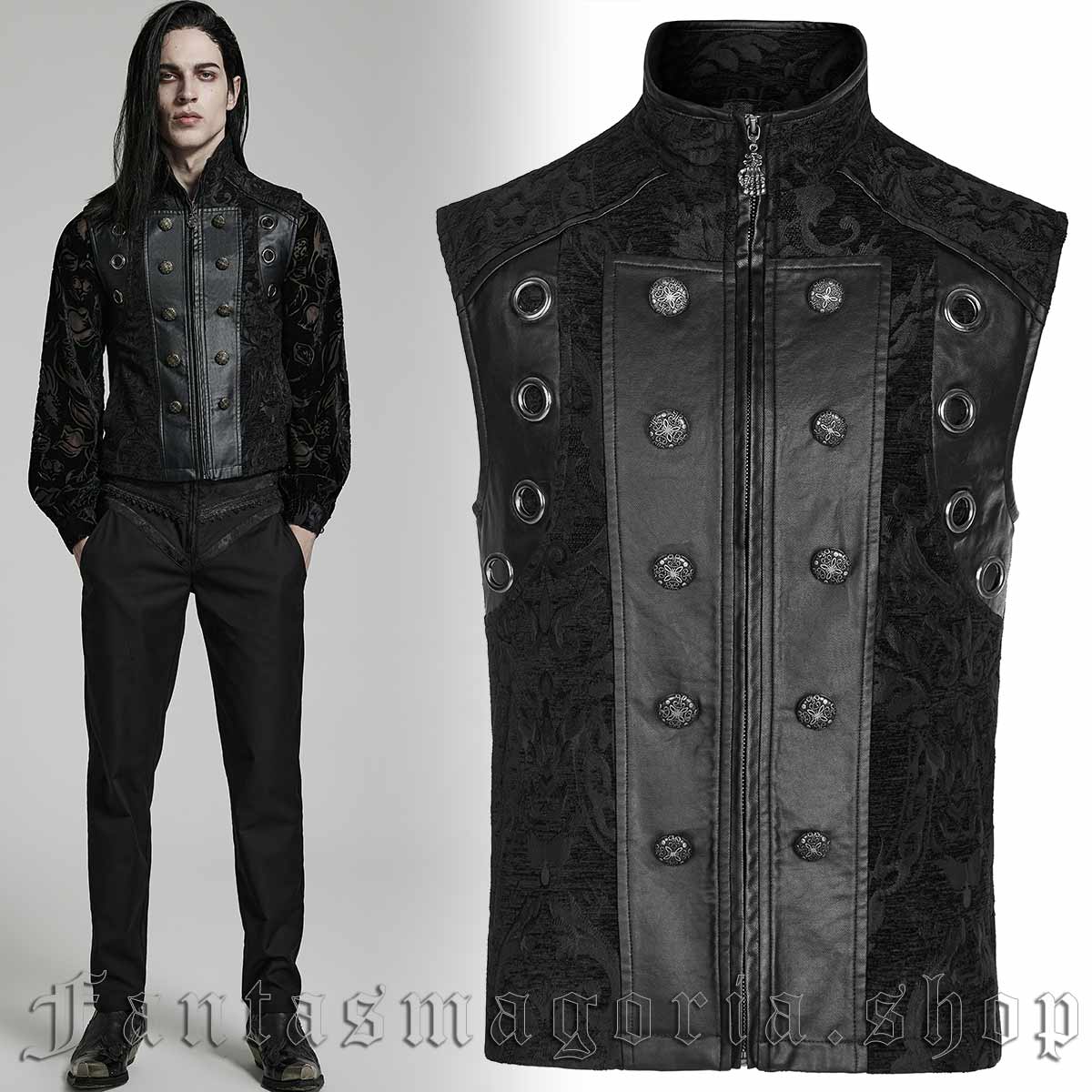 Men's Gothic black pattern brocade black zip-up vest. - Punk Rave - WY-1489/BK