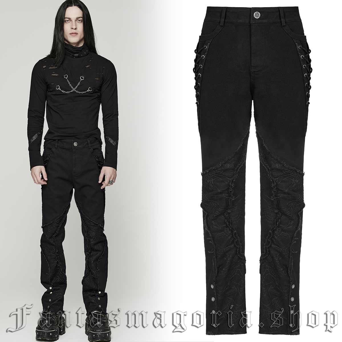 Men's Punk black spiderweb fabric accent slim fit lace-up detail trousers. - Punk Rave - WK-553/BK