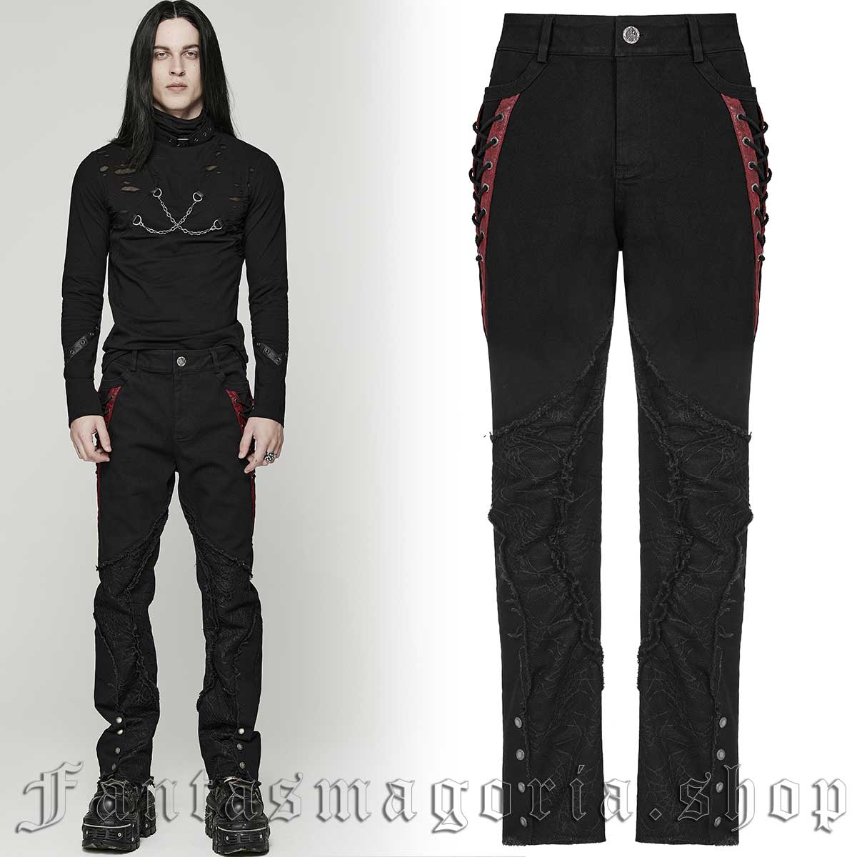Men's Punk black spiderweb fabric accent slim fit lace-up detail trousers. - Punk Rave - WK-553/BK-RD