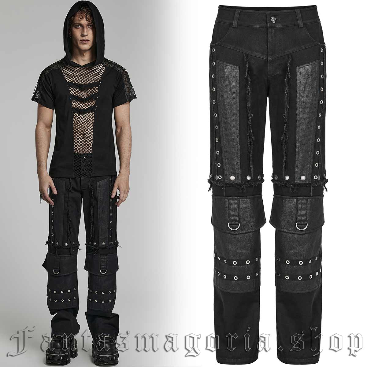 Men's Punk black faux leather detail detachable leg trousers shorts. - Punk Rave - WK-558/BK
