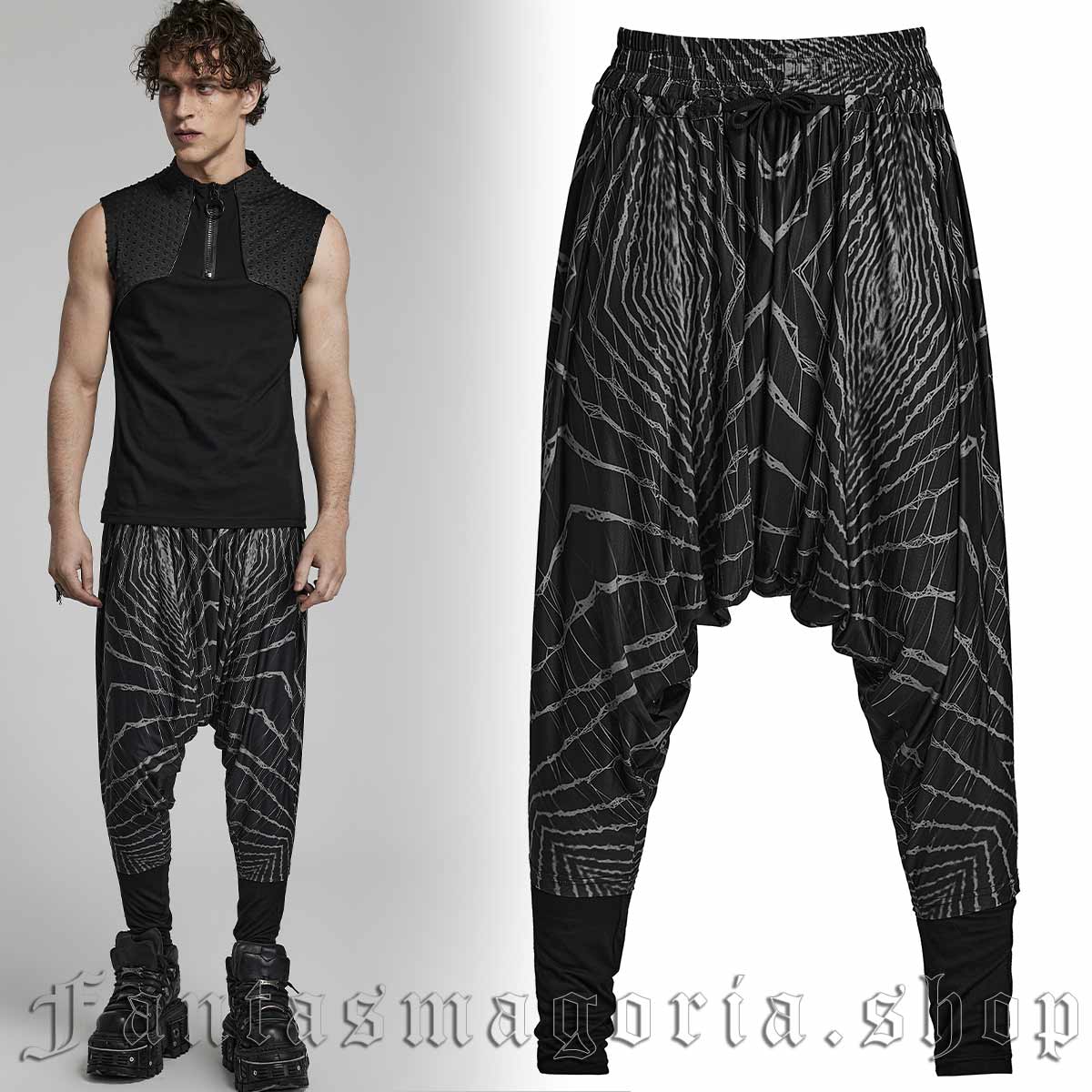 Men's Gothic black low crotch harem style black geometrical print pattern trousers. - Punk Rave - WK-562/BK-GY