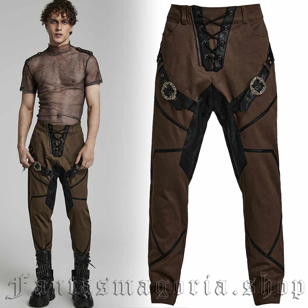 Men's Gothic brown harem style buckled strap detail tapered trousers. - Punk Rave - WK-563/BK-CO