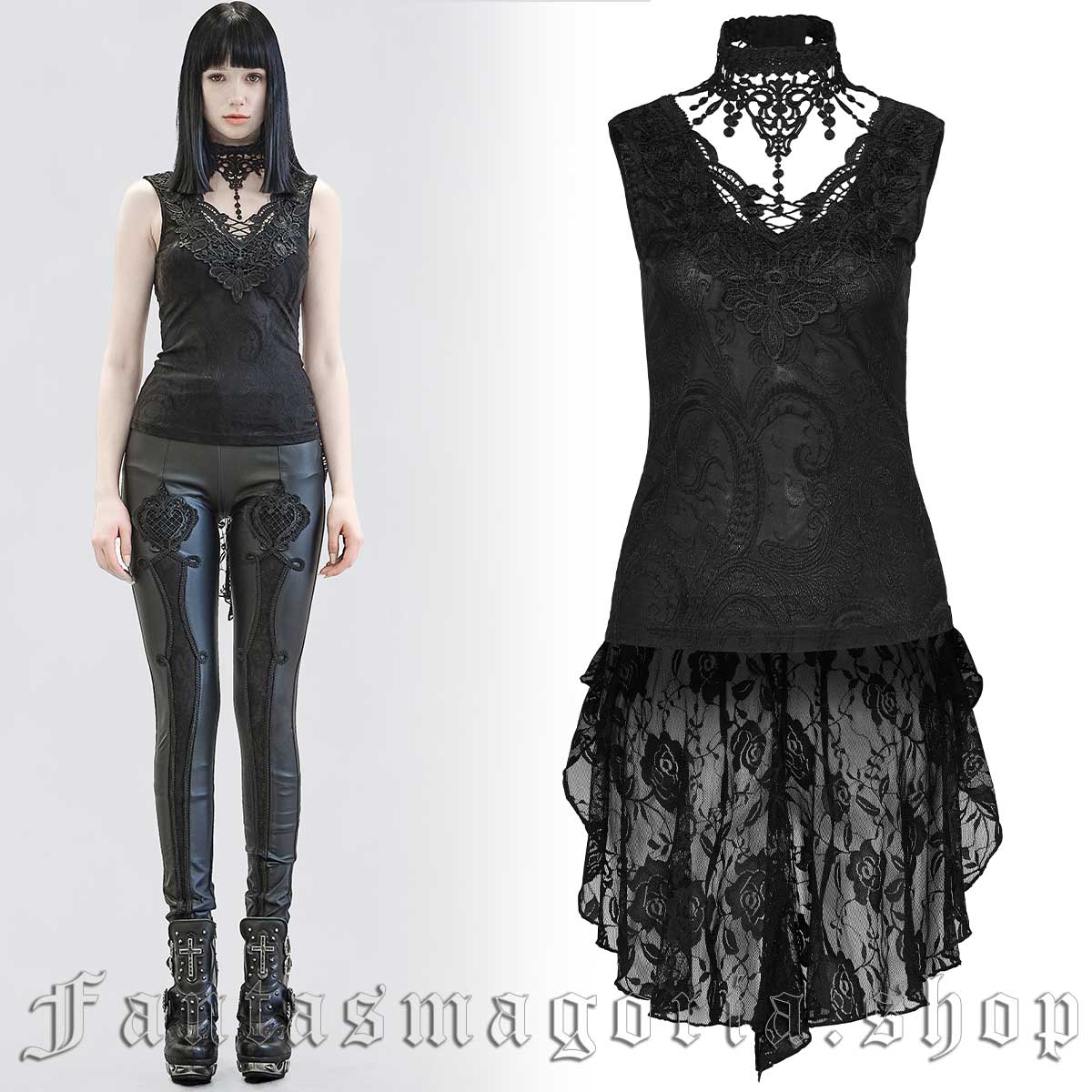 Women's Gothic black lace and jacquard sleeveless longer back detail top. - Punk Rave - WT-653DQF/BK