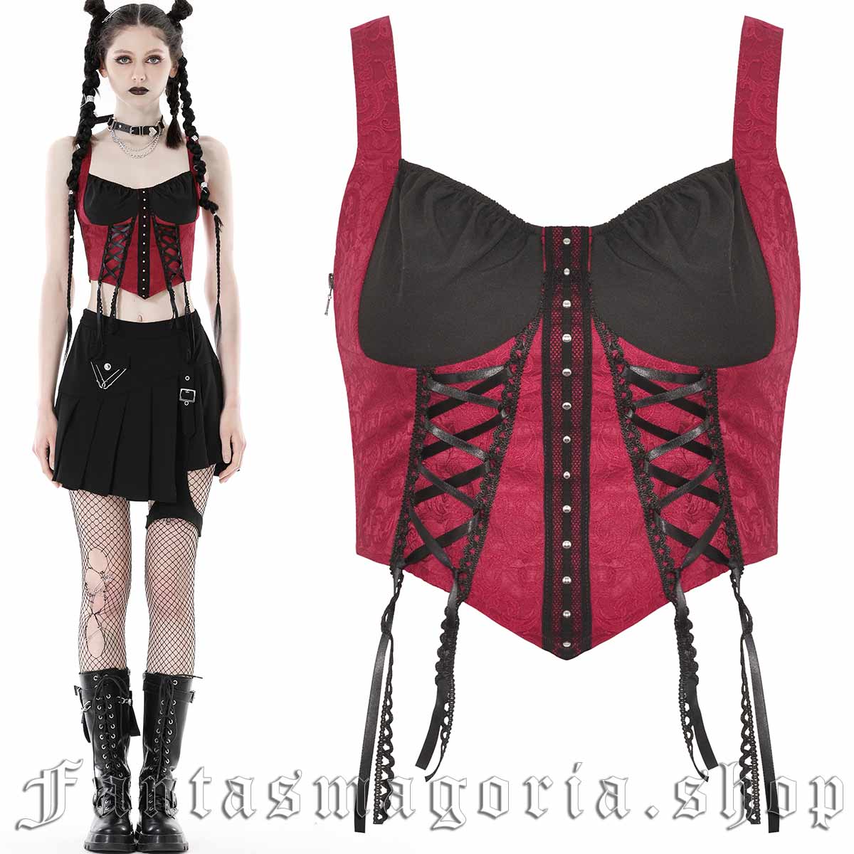 Women's Gothic red corset style lace-up detail sweetheart neckline top. - Dark in Love - CW047