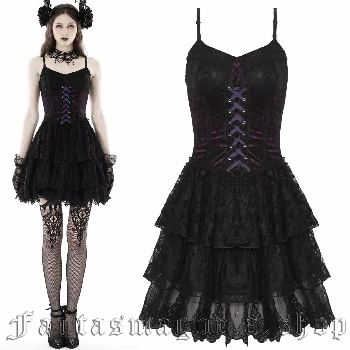 Women's Romantic Gothic purple and black frilly skirt lace and satin sleeveless mini dress. - Dark in Love - DW769