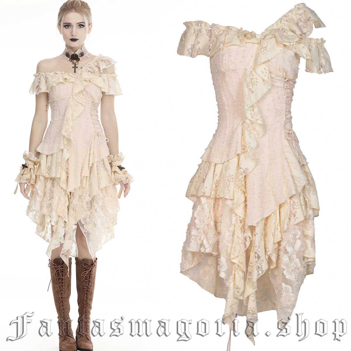 Women's Gothic Romantic beige asymmetric ruffly short layered skirt dress. - Dark in Love - DW451