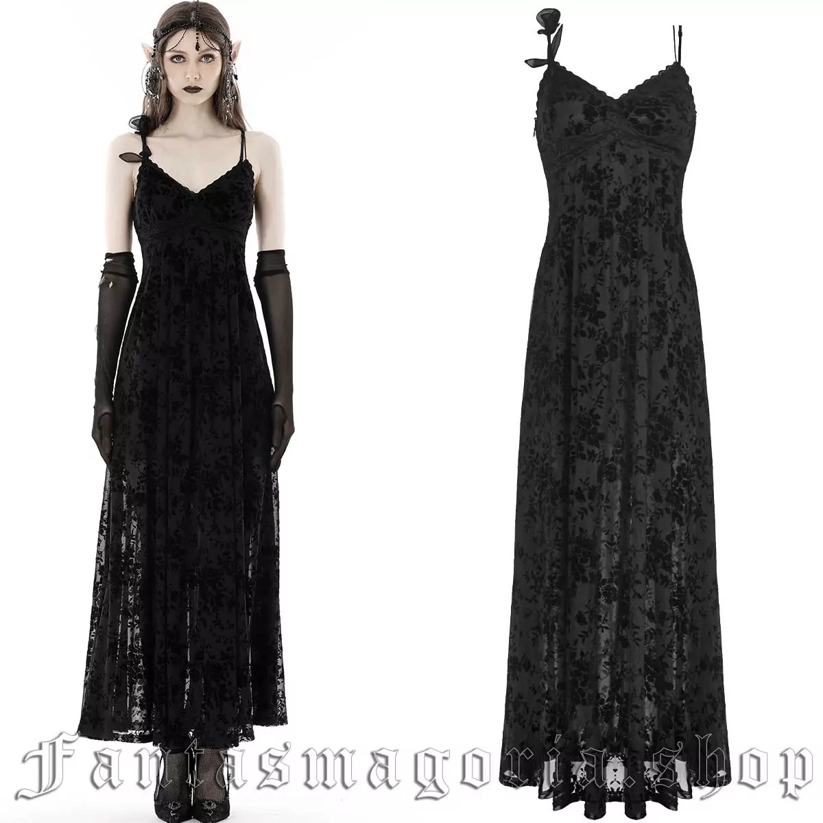 Women's Gothic black velvet print mesh long maxi cami dress. - Dark in Love - DW867
