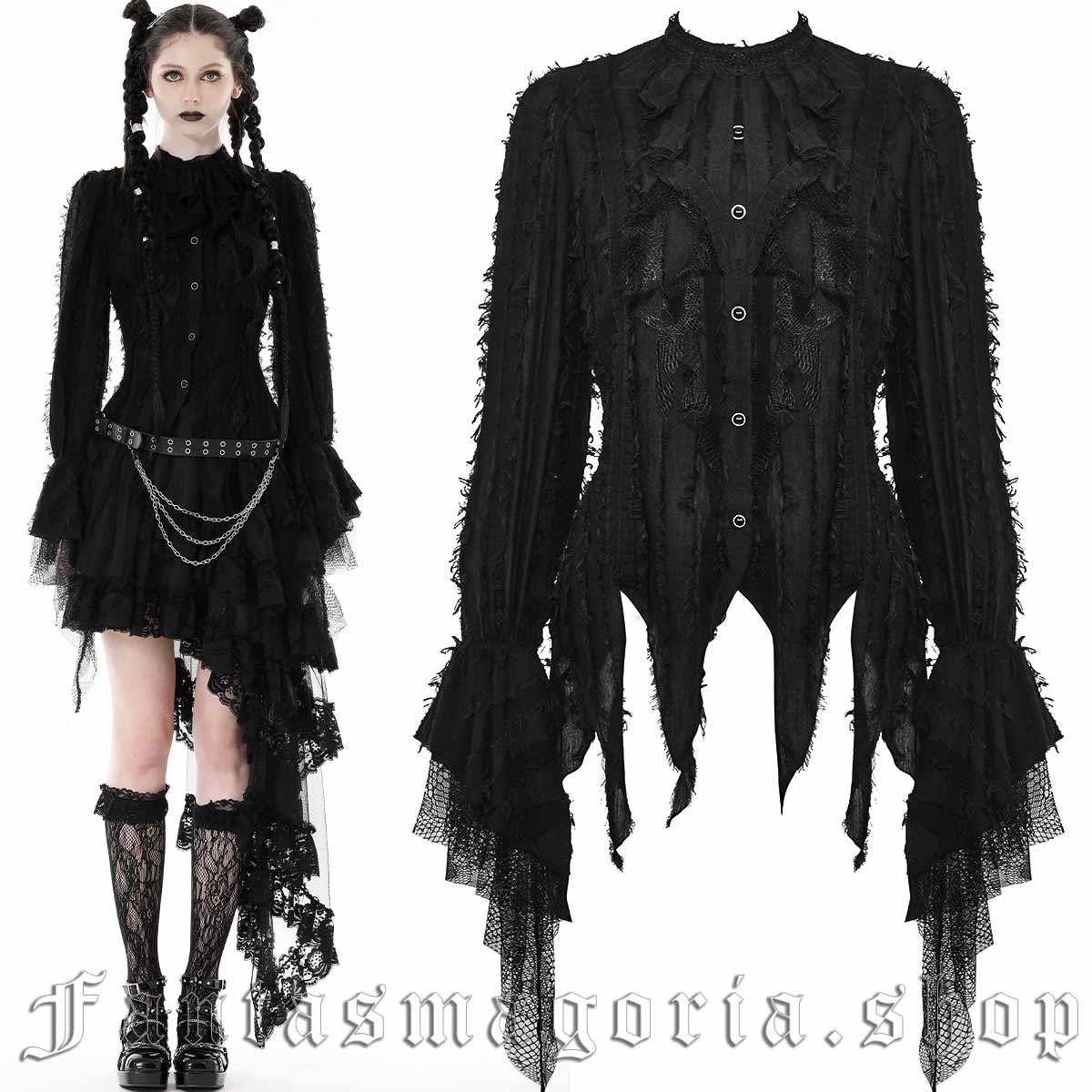 Women's Gothic black distressed texture long-sleeve hanky hem jabot style neckline shirt. - Dark in Love - IW098