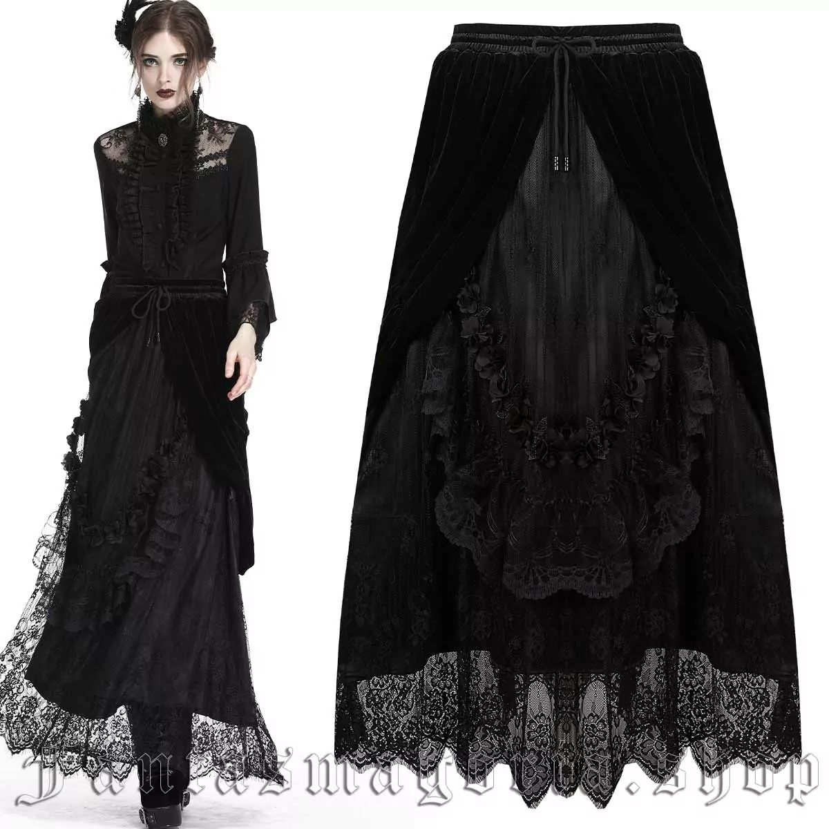 Women's Gothic black velvet and lace maxi skirt. - Dark in Love - KW133BK