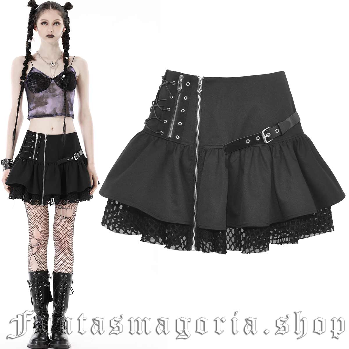 Women's Gothic black zip-up front mini ruffle skirt. - Dark in Love - KW291