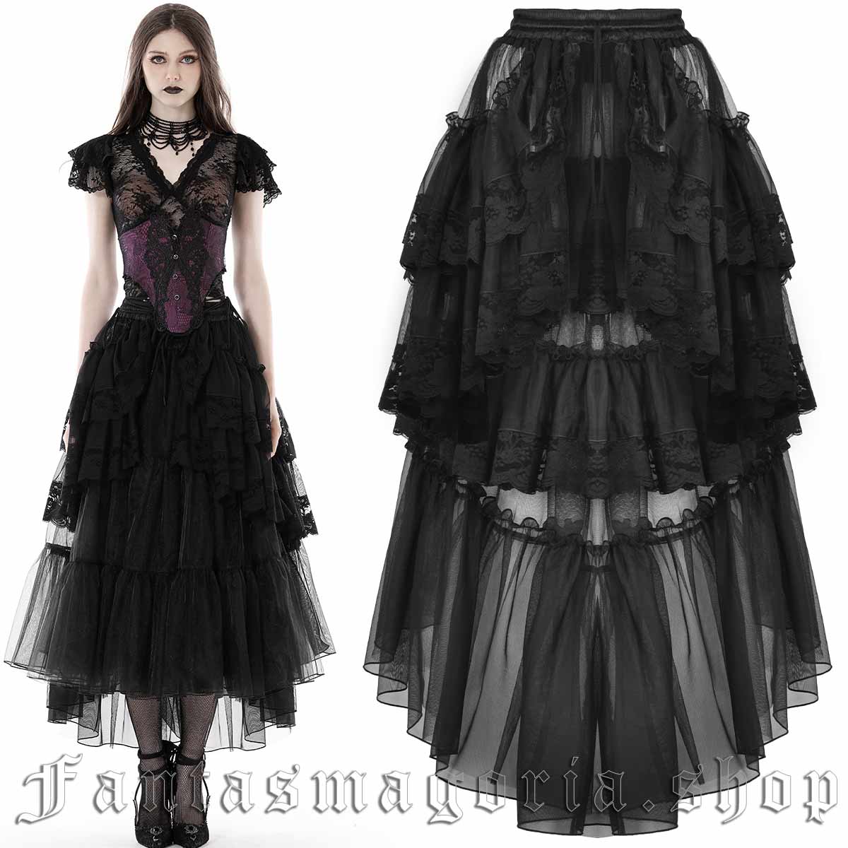 Women's Gothic black tulle and lace high-low hem ruffle skirt. - Dark in Love - KW293