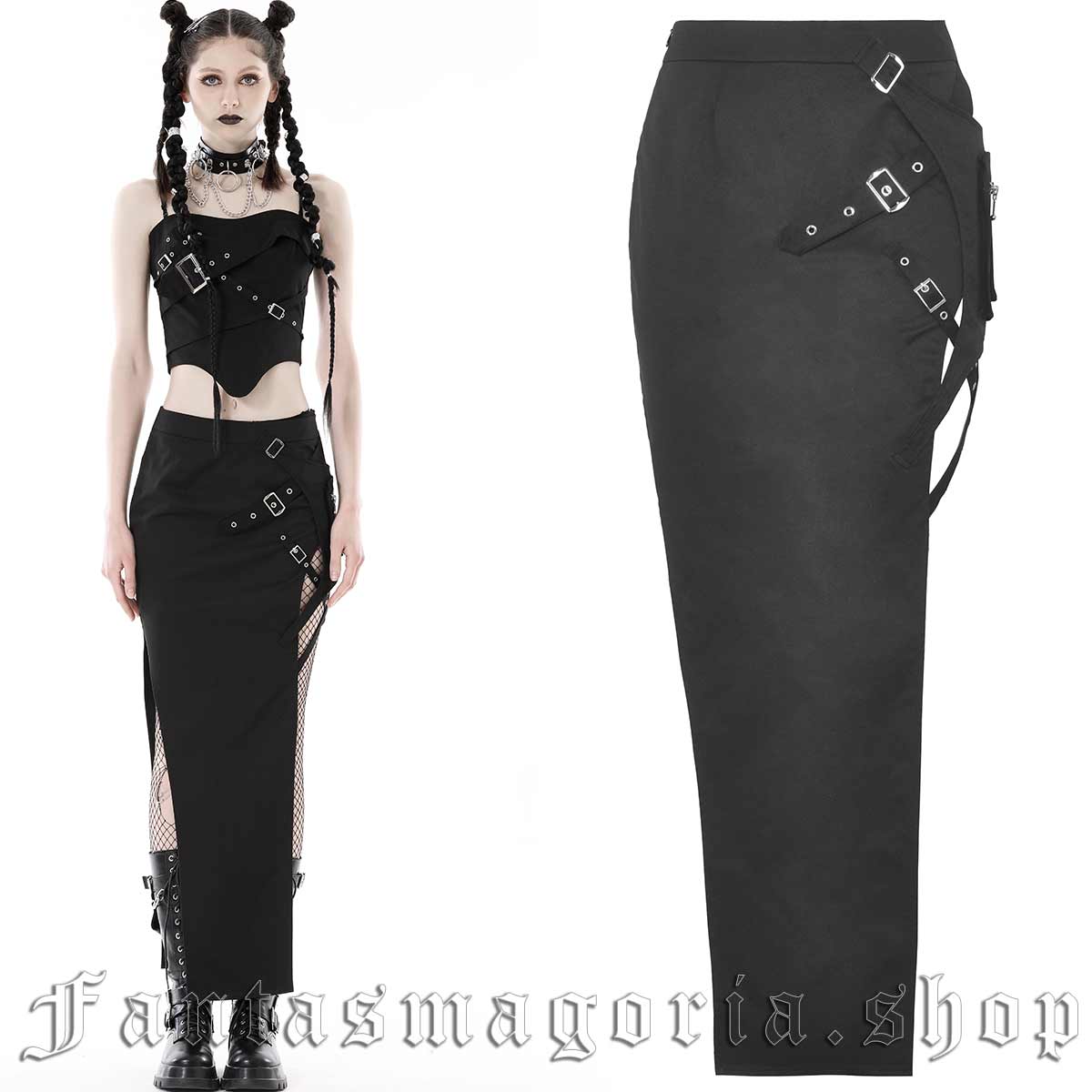 Women's Gothic black fitted asymmetrical design cut-out sides long skirt. - Dark in Love - KW302