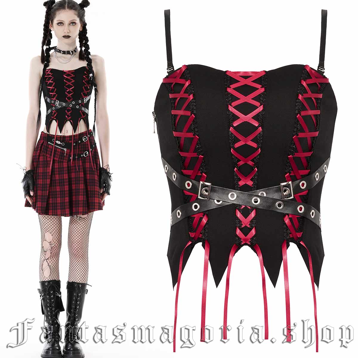 Women's Punk black sleeveless corset style red lace-up detailing top. - Dark in Love - CW049