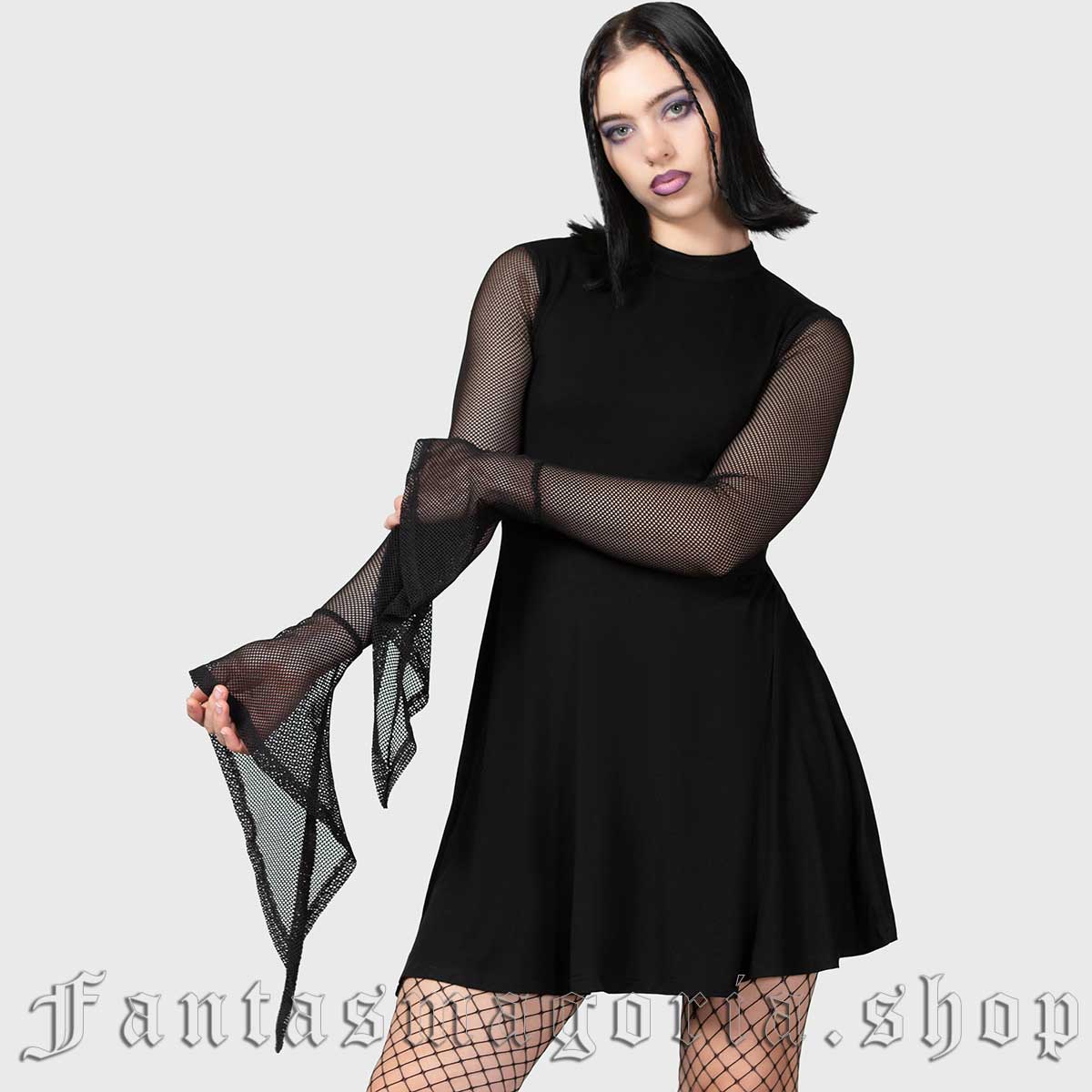 Women's Gothic black jersey and mesh flared long sleeve short skater style dress. Killstar KSRA009598