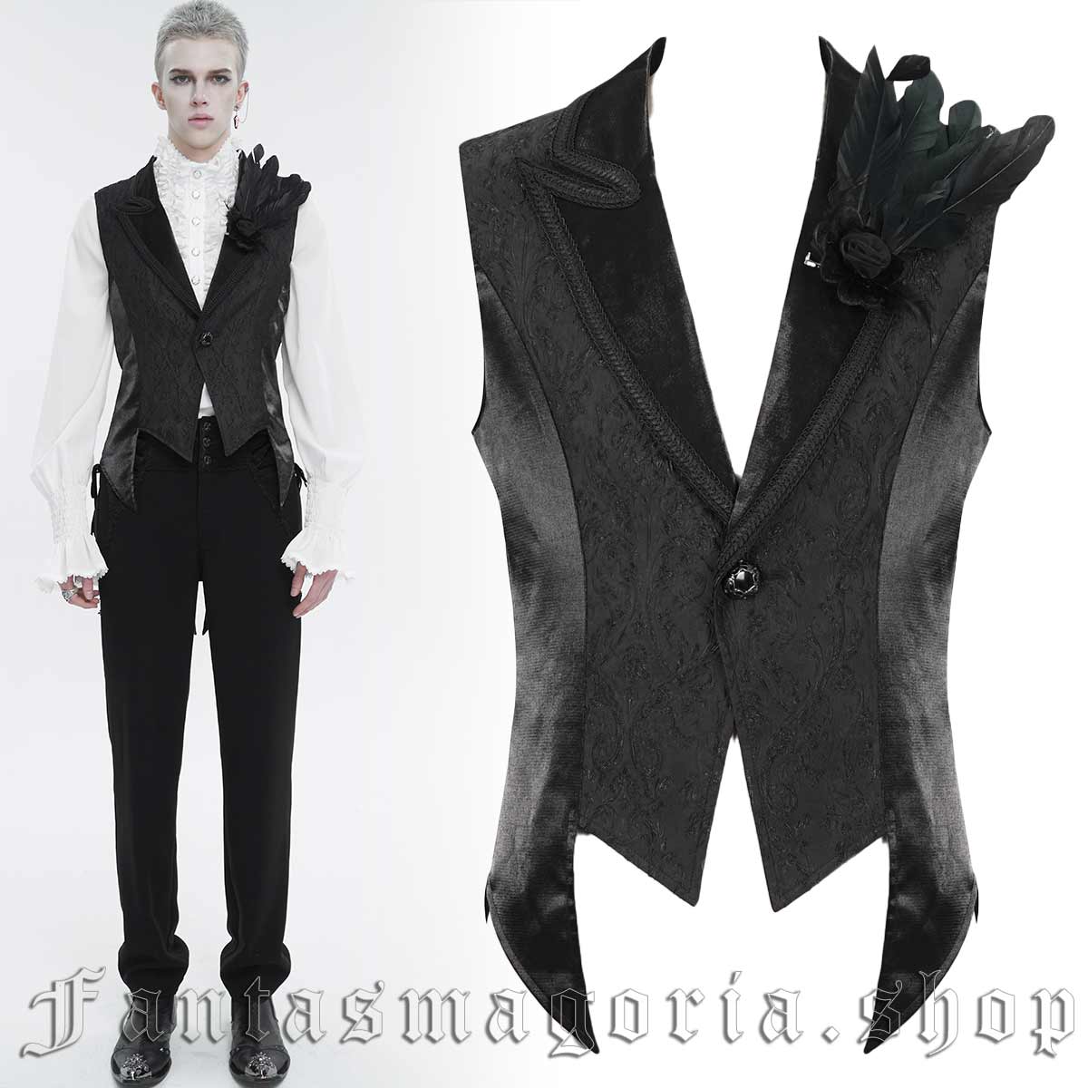 Men's Gothic ornamental fabric black velvet 3D flower and feathers classic waistcoat. - Devil Fashion - WT07601