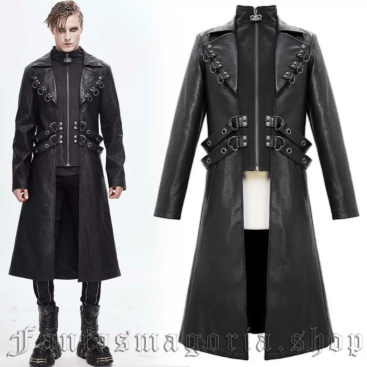Men’s Punk black faux leather long zip-up wide lapel detachable decorative straps D-ring coat. - Devil Fashion - CT147