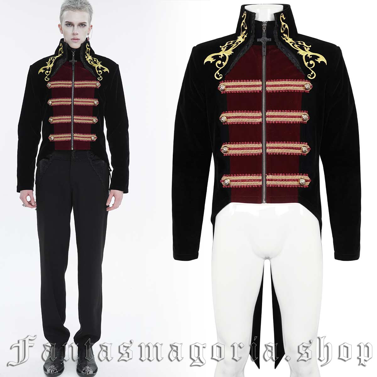 Men’s Gothic black and red velvet, vintage uniform golden filigree embroidery swallowtail jacket coat. - Devil Fashion - CT20801