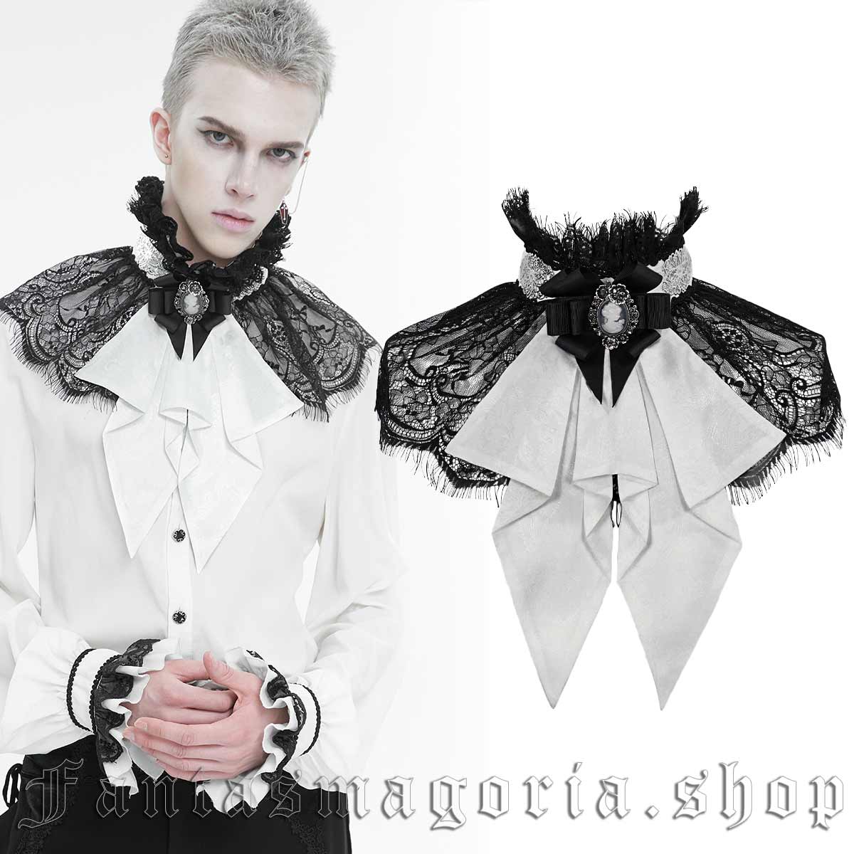 Gothic white jacquard black lace camea ribbon detail jabot. - Devil Fashion - AS15402