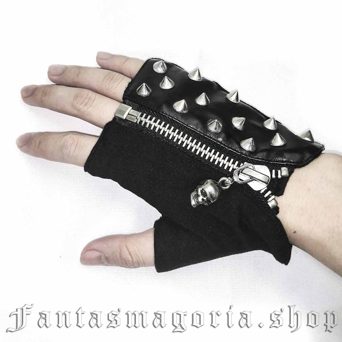 Punk black dual spikes and no spikes design faux leather and jersey zipper fingerless gloves. - Devil Fashion - GE010