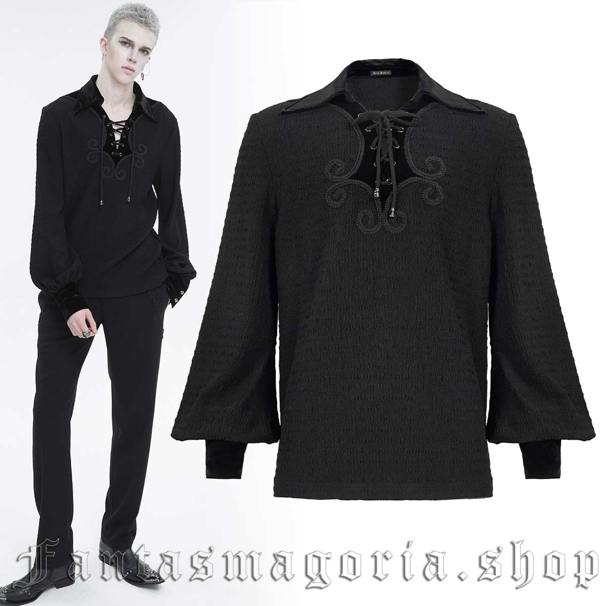 Men’s Gothic black poet style black velvet embroidery applique detail long sleeve collar shirt. - Devil Fashion - SHT086