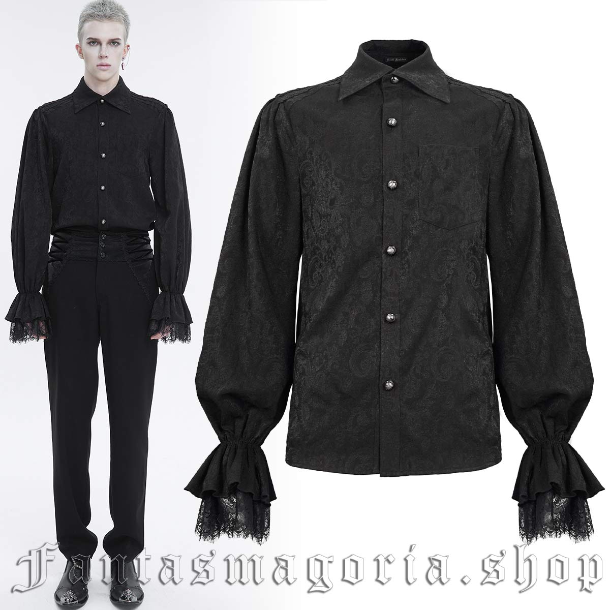 Men’s Gothic black ornate fabric poet style long-sleeve shirt. - Devil Fashion - SHT08301