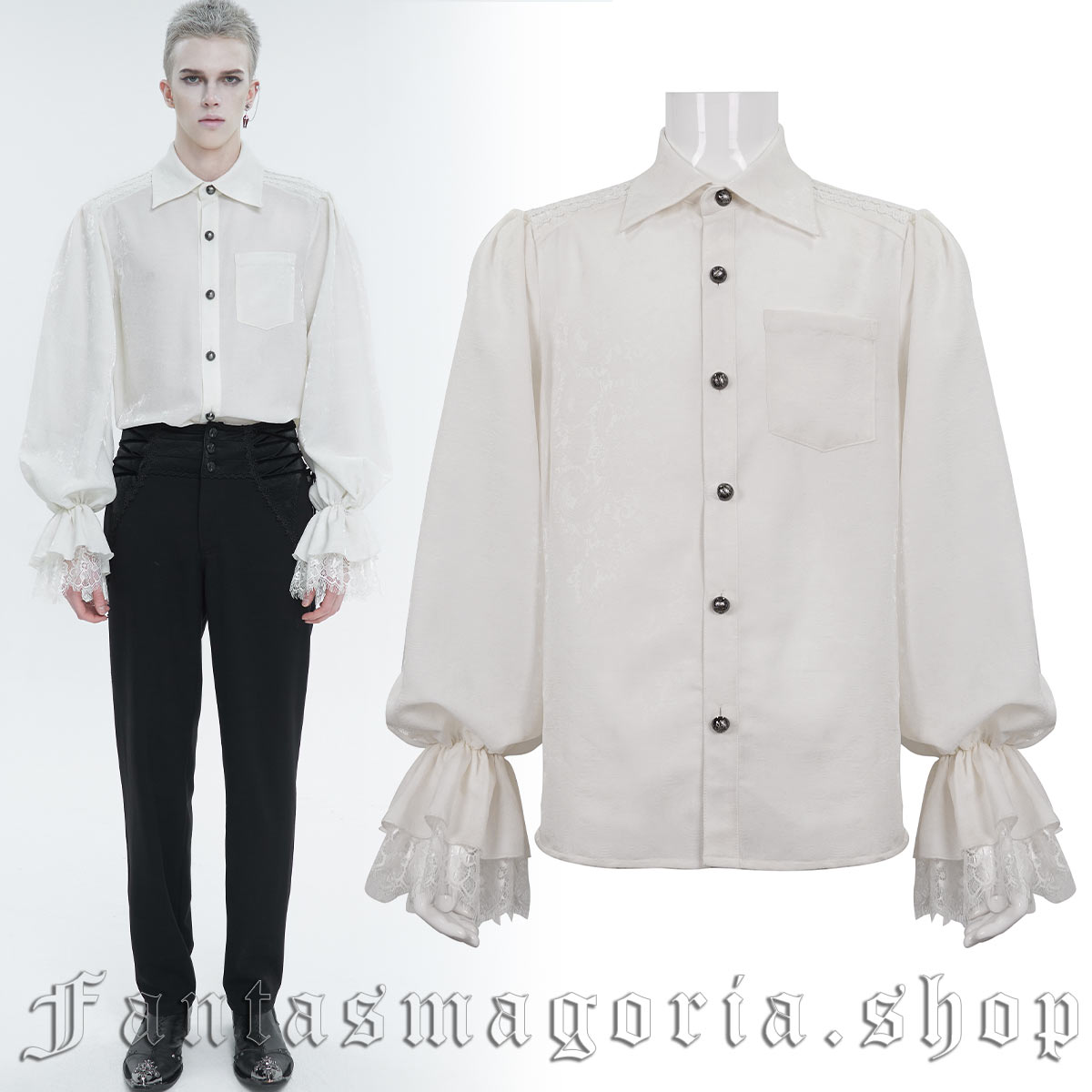 Men’s Gothic white ornate fabric poet style long-sleeve shirt. - Devil Fashion - SHT08302