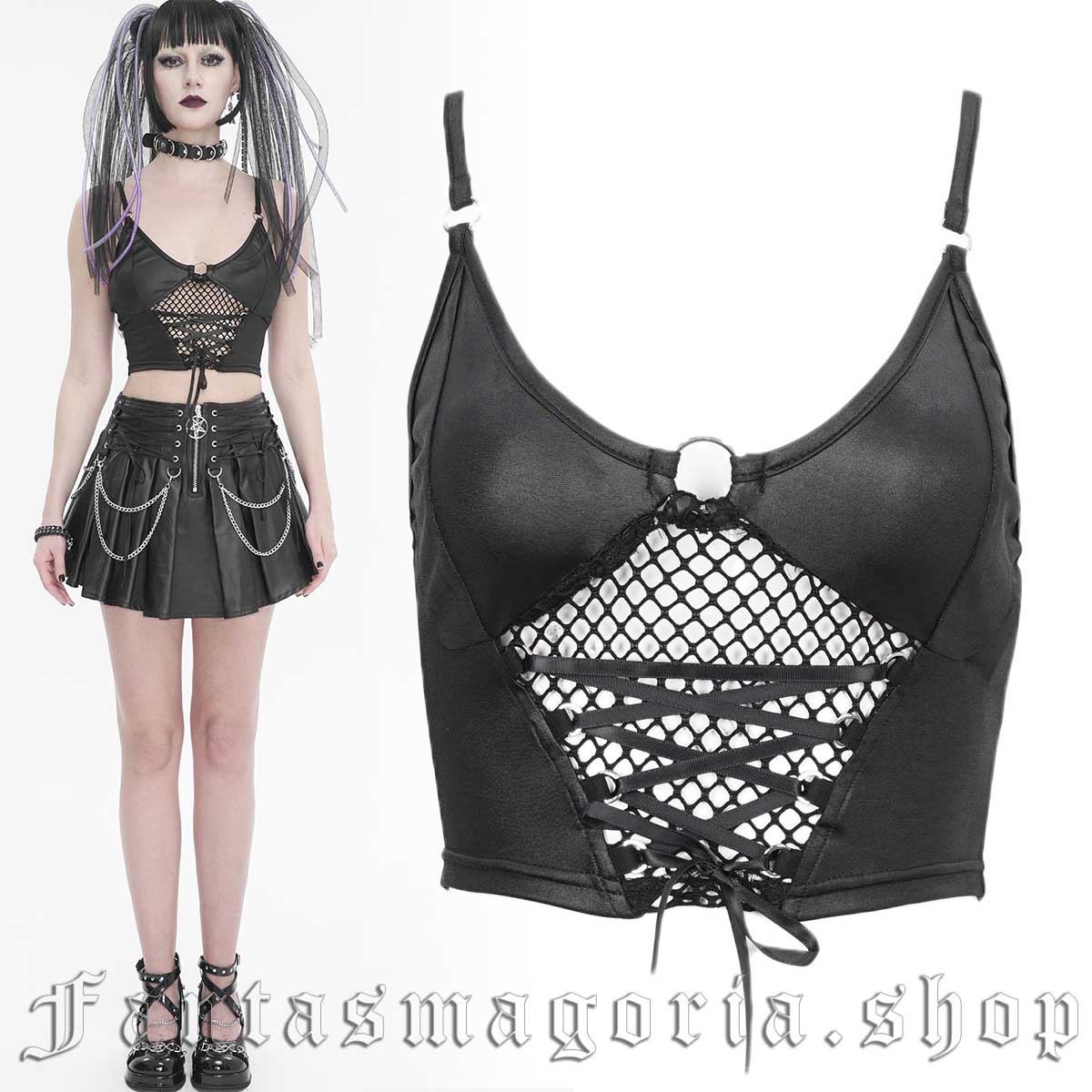 Women’s Punk black camisole style mesh lace-up detail mesh panel cropped top. - Devil Fashion - TT246