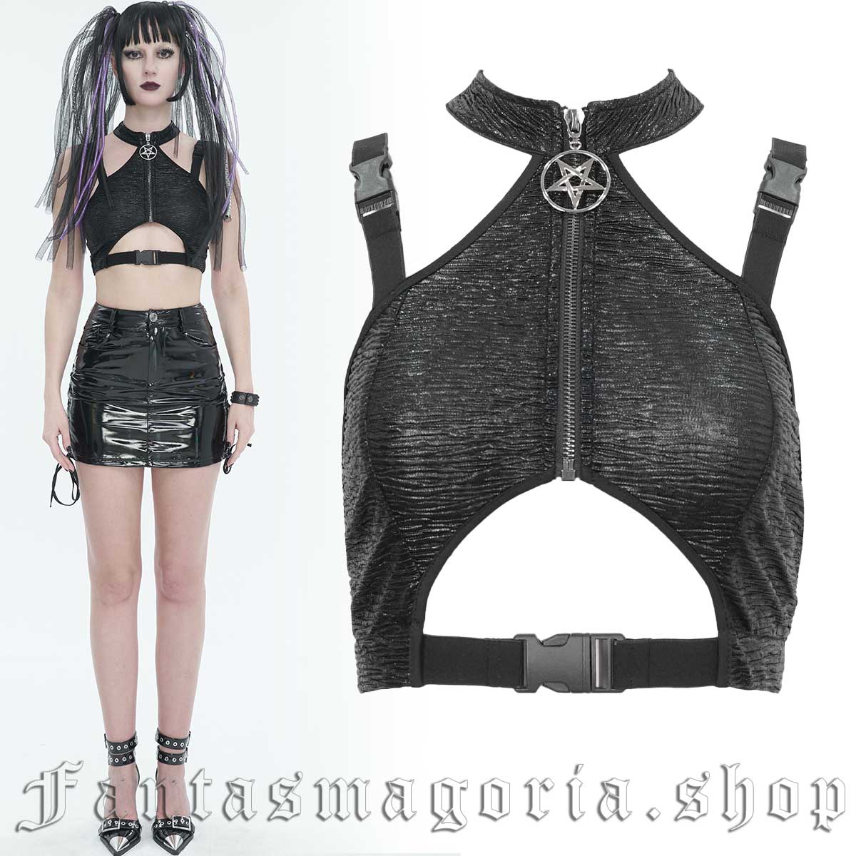 Women’s Punk black cut-out halter neck sleeveless buckled straps crop top. - Devil Fashion - TT244