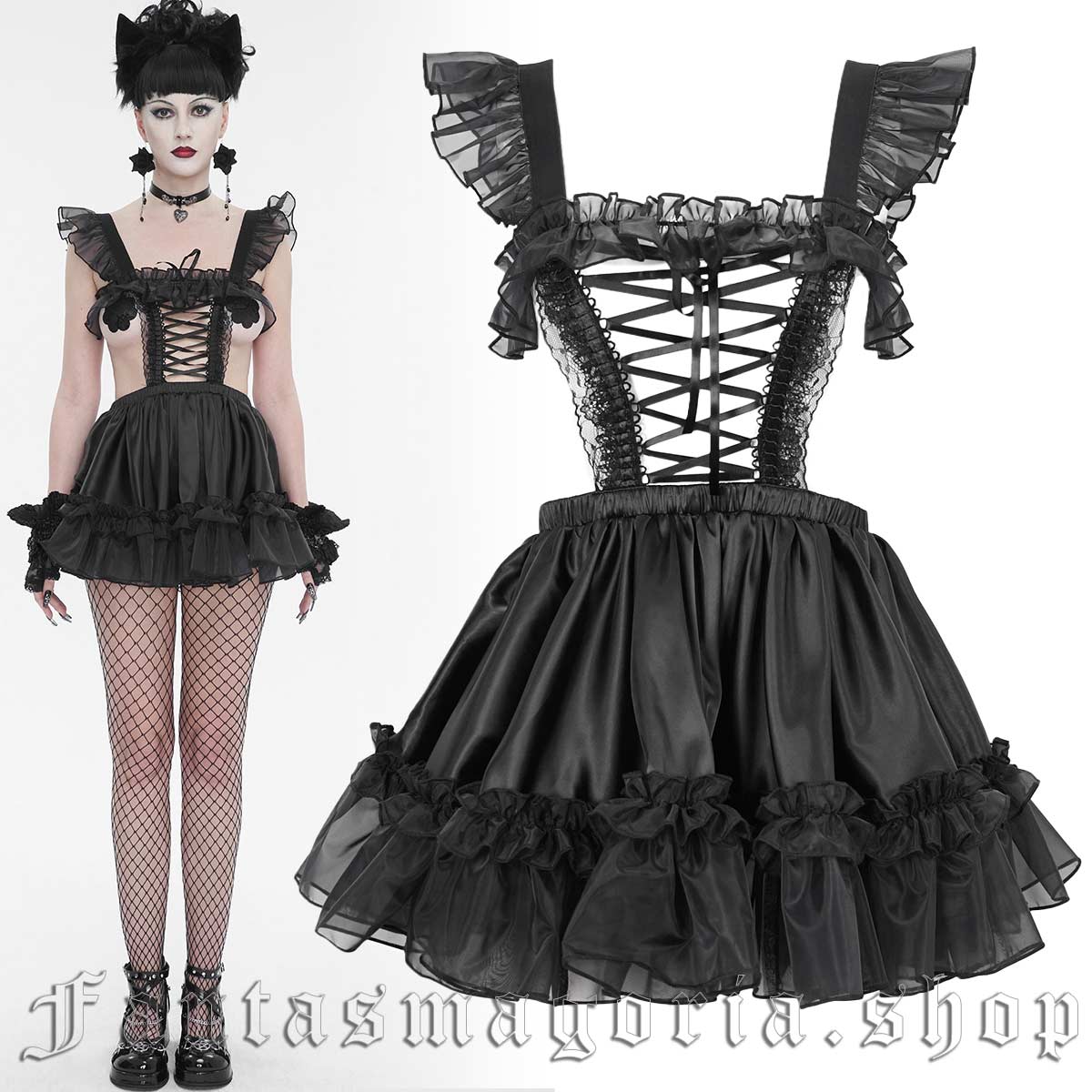 Women’s Gothic black satin and chiffon frilly lace-up front lingerie mini full skirt pinafore dress. - Devil Fashion - SX023
