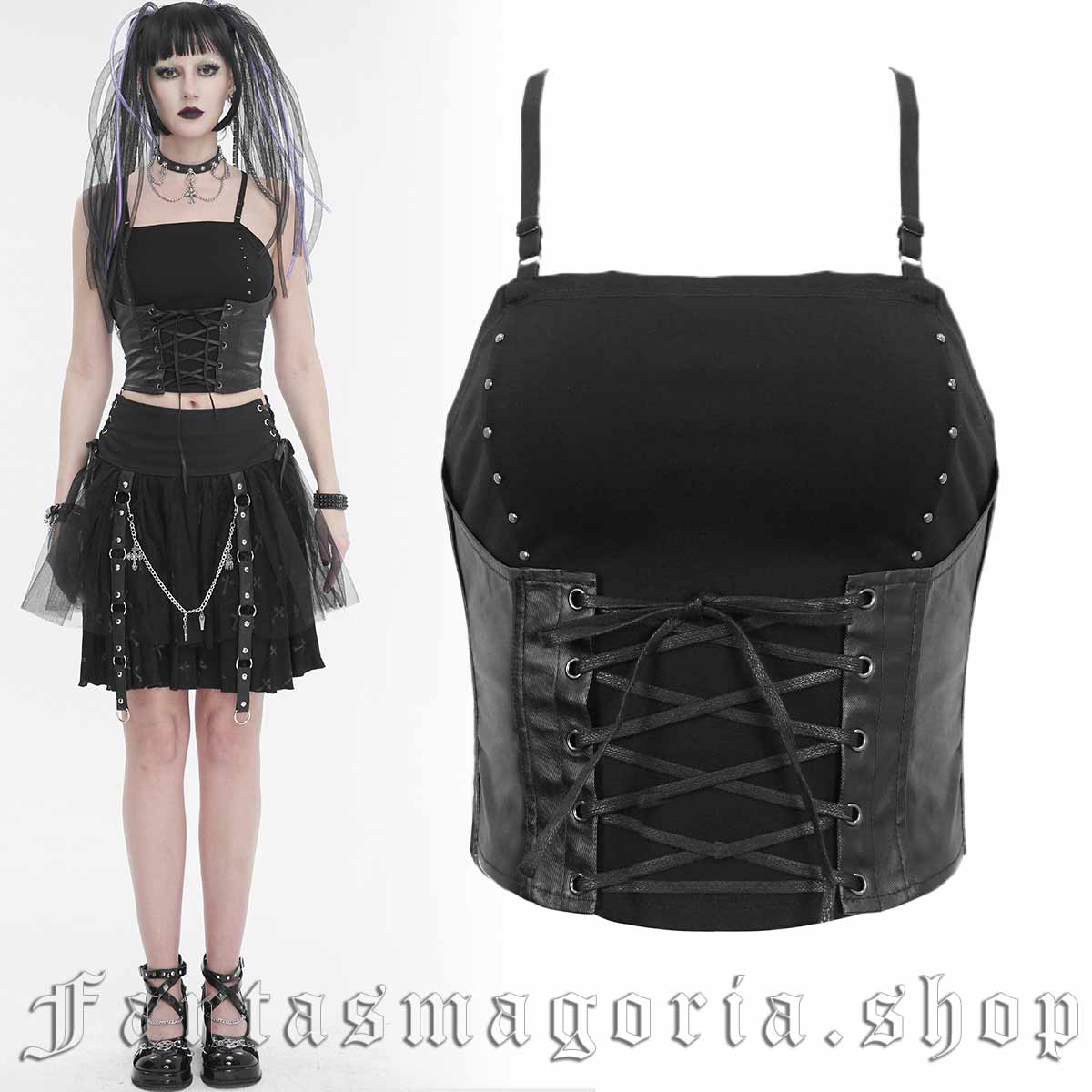 Women's Punk black camisole style faux leather waist cincher detail cropped top. - Devil Fashion - TT240