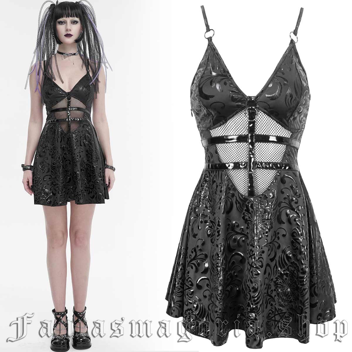 Women's Punk black glossy ornate pentagram pattern, sleeveless front cut-out and strap detail short skater dress. - Devil