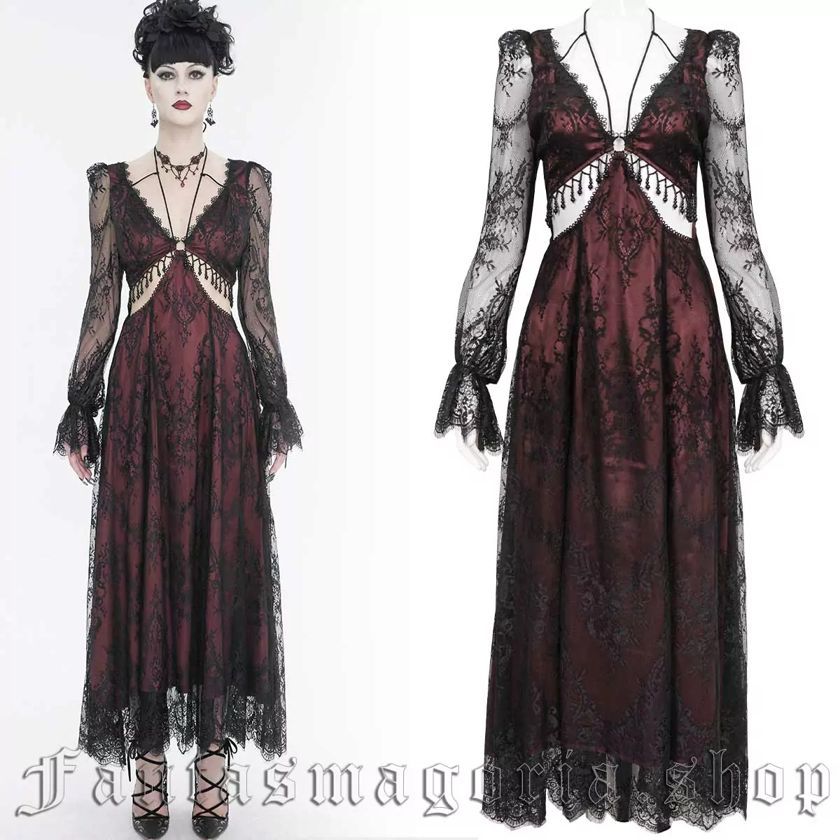 Women's Gothic red sating and black lace long cut-out detailing long-sleeve low neckline dress. - Devil Fashion - SKT171