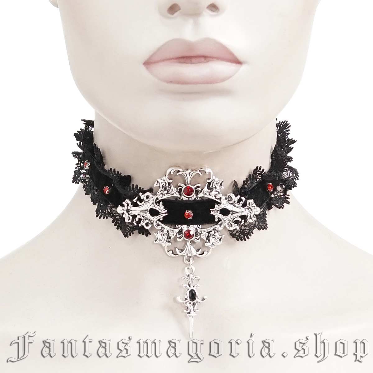 Women's Gothic black lace silver filigree red beads embellishment dagger pendant chocker necklace. - Devil Fashion - AS168