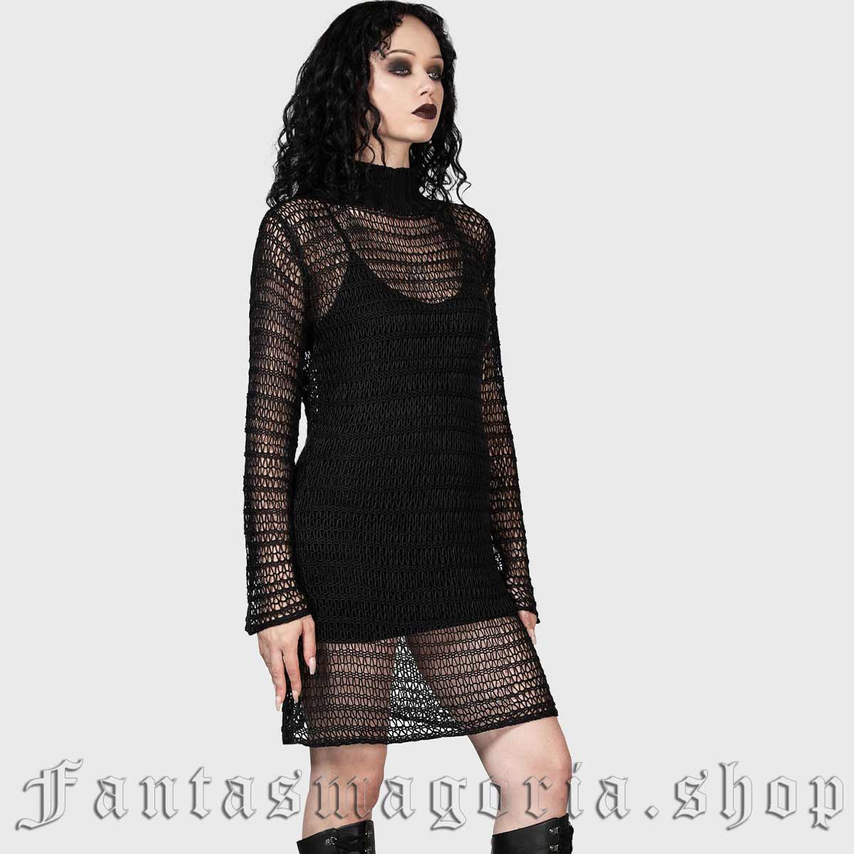 Women's Punk black wide knit flared long sleeve short sweater dress. Killstar