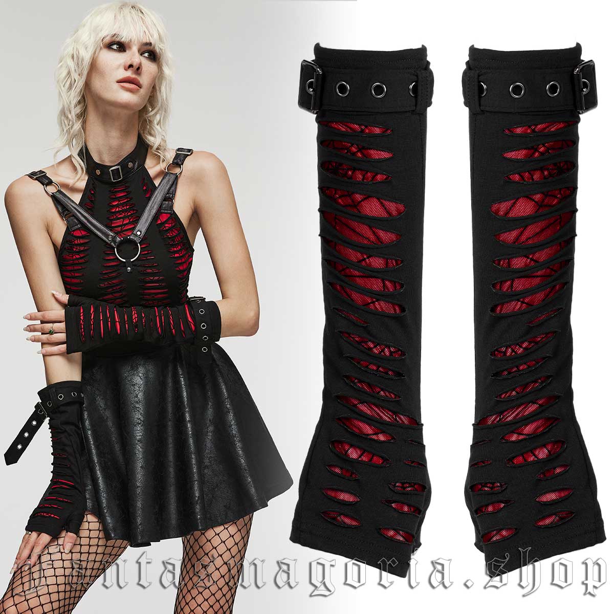 Punk shredded black and red spiderweb mesh gloves. - Punk Rave - WS-490/BK-RD