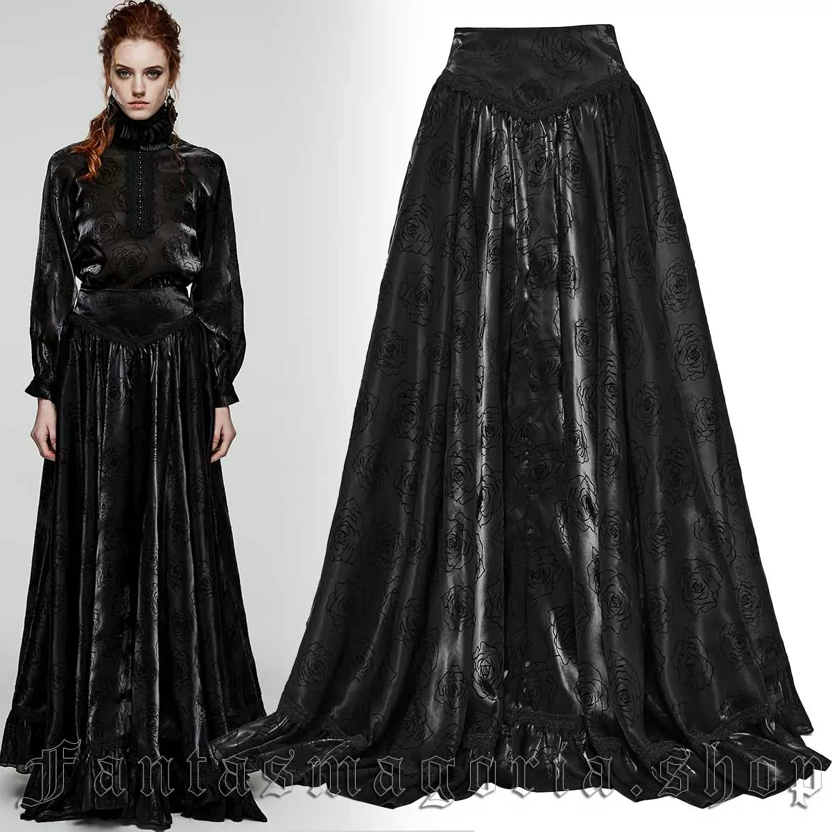 Gothic black satin with rose pattern long circle skirt. - Punk Rave - WQ-670/BK