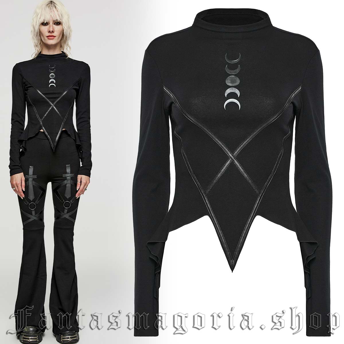 Women's Gothic black geometrical line moon phases detail long-sleeve top. - Punk Rave - WT-803/BK