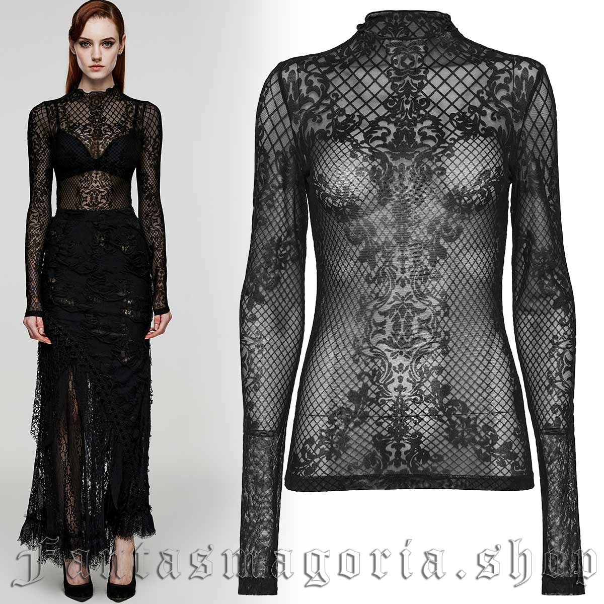 Women's Gothic black mesh long-sleeve lace flock print top. - Killstar - WT-832/BK