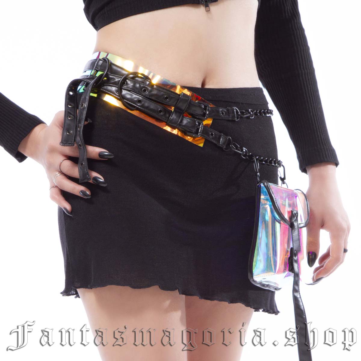 Women's cyber iridescent plastic waist bag belt. - RNG - AC001