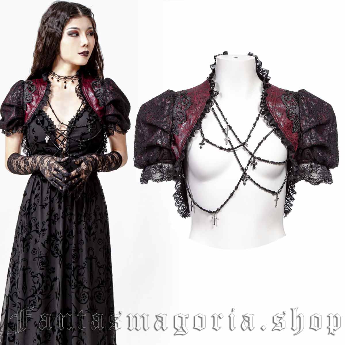 Women's Gothic black and red short puffy lace sleeve bolero. - RNG - VE304BR