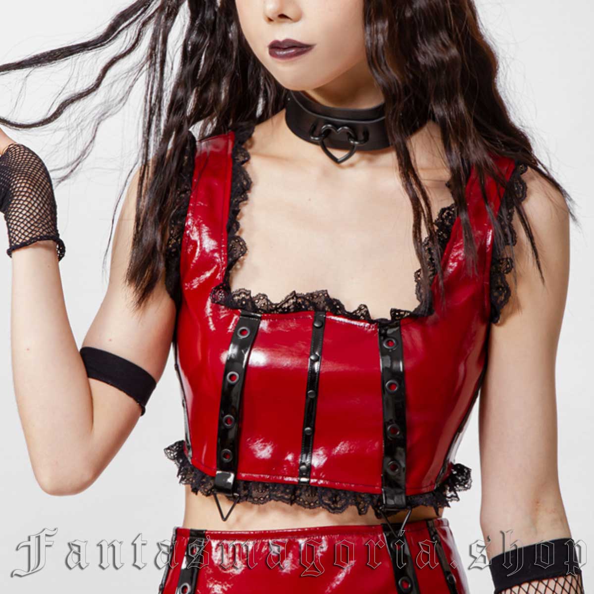 Wome's Gothic red glossy PVC sleeveless ruffle detail cropped top. - RNG - VE313BR