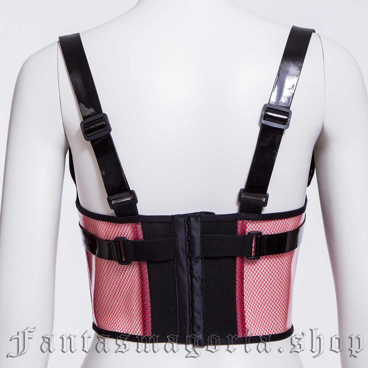Women's cyberpunk red mesh underbust black straps detail vest harness. - RNG - VE202R